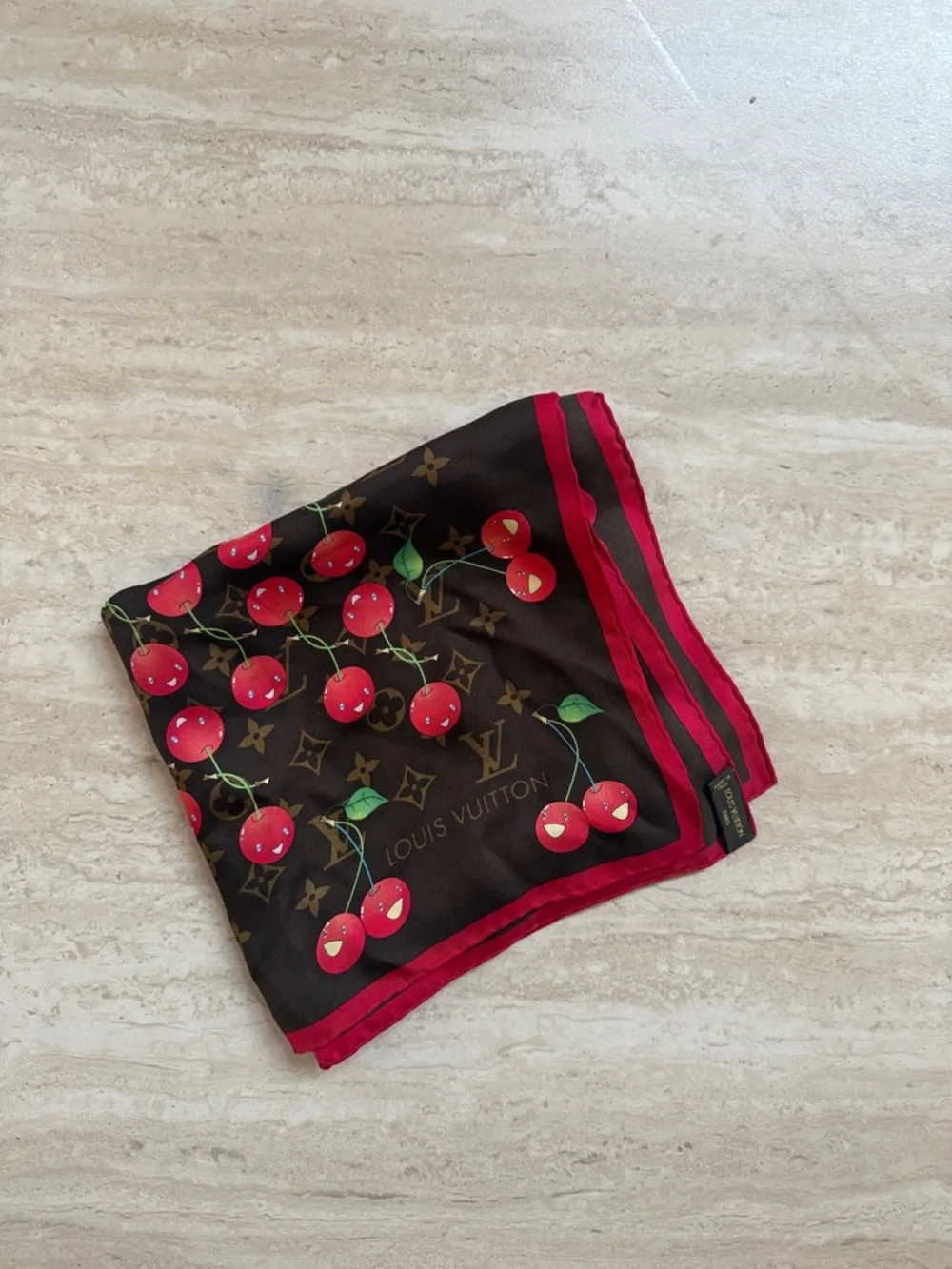 Louis Vuitton / Louis Vuitton Murakami Cherry Square 90 Brown Silk Scarf Vintage